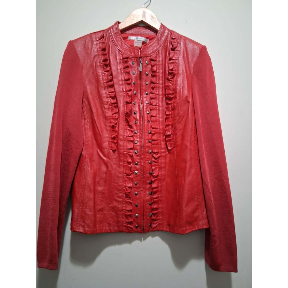 Peter Nygard Red‎ Leather Knit Combo Jacket Studded Ruffle Front Zip Size M